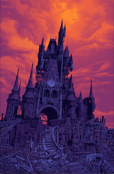 Daniel Danger's art print, 'To all who home to this happy place,' depicting a ruined Disneyland castle in a post-apocalyptic landscape with a statue of Walt and Mickey in the rubble.