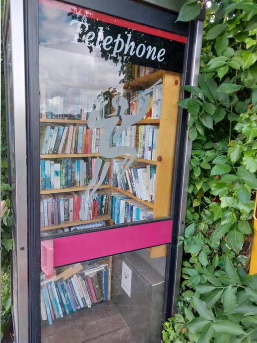 Books on shelves in a modern phone box