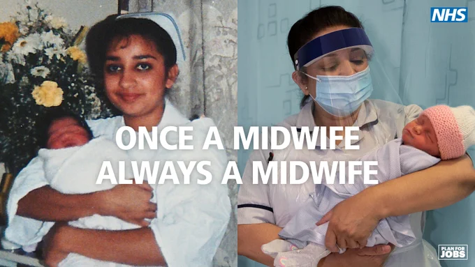 Image of Midwife holding a baby and the text: ONCE A MIDWIFE
ALWAYS A MIDWIFE