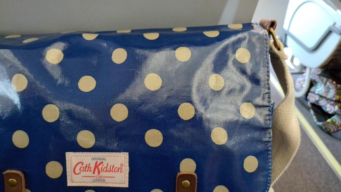 Photo of a blue spotted bag in an aeroplane seat