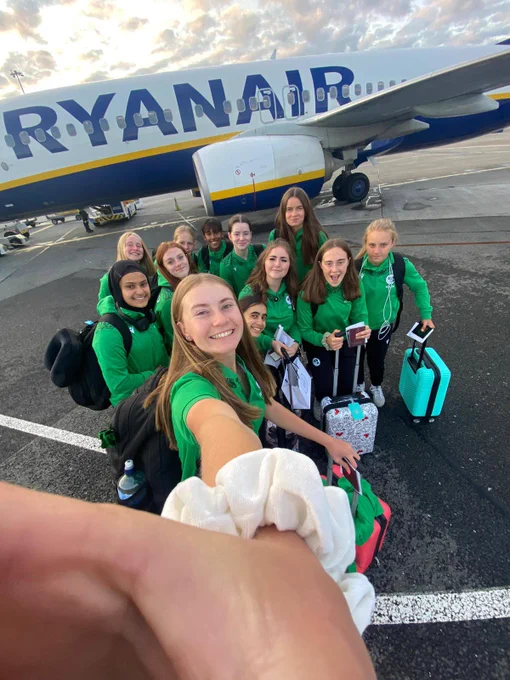 The Ireland U-15 girls take a selfie before boarding the plane