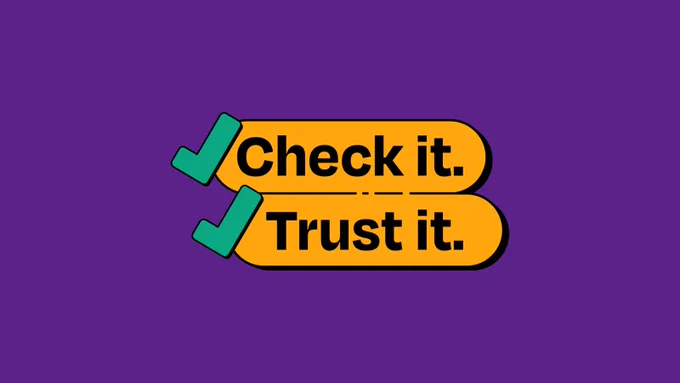 Image shows a purple background with black text in a yellow circular shape 'Check it. Trust it.' Two green ticks are left of the text.