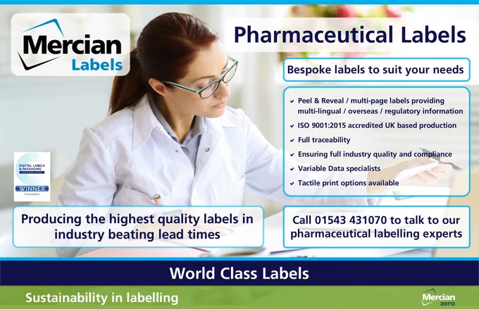 Lady wearing a white lab coat and glasses looking through paper print out. Image text highlights Peel & Reveal / multi-page labels providing multi-lingual / overseas / regulatory information. ISO 9001:2015 accredited UK based production. Full traceability. Ensuring full industry quality and compliance. Variable Data specialists. Tactile print options available. Also displaying the Mercian Labels logo and logo highlighting that Mercian Labels were winners in the innovation category of the Digital Labels & Packaging Awards 2023.