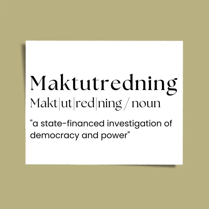 A dictionary-style picture with the text Norwegian word 'maktutretning'. Below it is the word divided into syllables, and the text 'noun'. Below that again is the descriptionary text 'a state-financed investigation of democracy and power'.