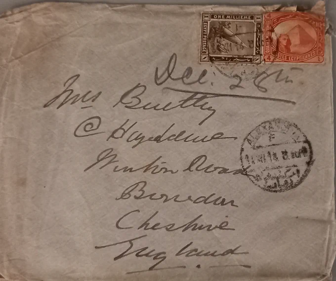 Envelope showing handwritten address and 2 Egyptian stamps, postmarked Alexandria