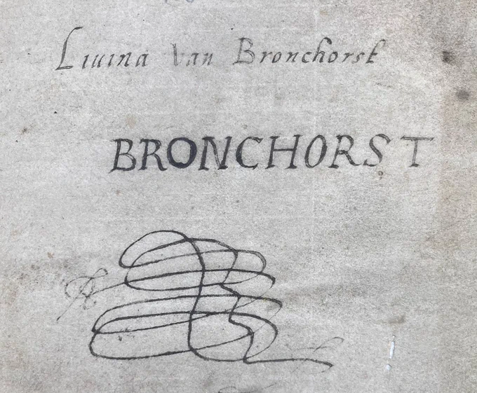 Name 'Liuina van Bronchorst' inscribed on f. 1 in TCD MS 103 Book of Hours. 