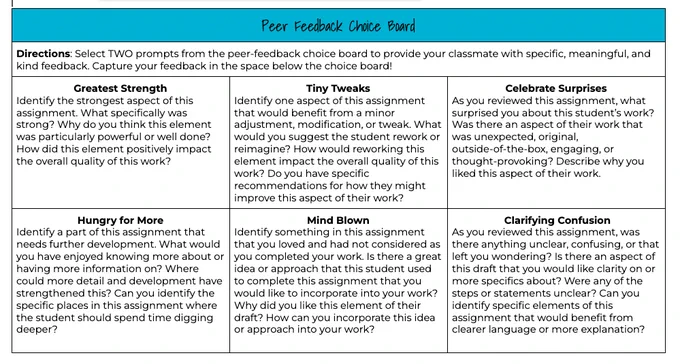 Peer feedback choice board