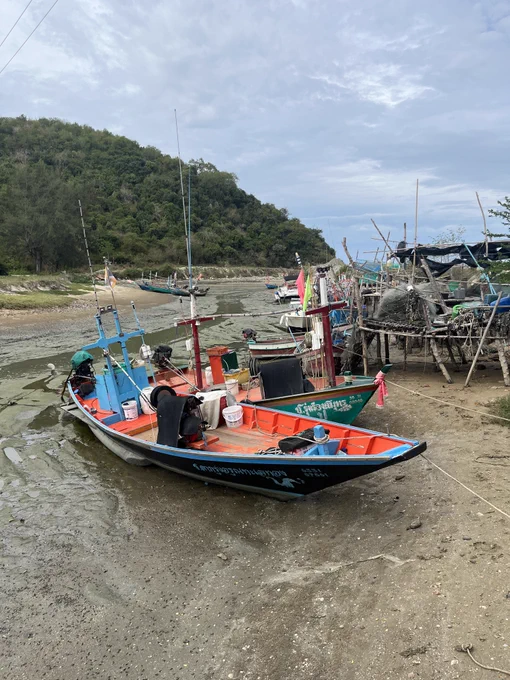 Close up of a small fishing boat on a beach in Thailand. 