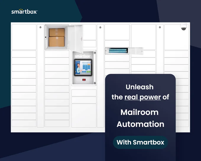 Smart locker on a dark blue background with 2 lockers open and text 'Unleash the real power of Mailroom Automation with Smartbox.'
