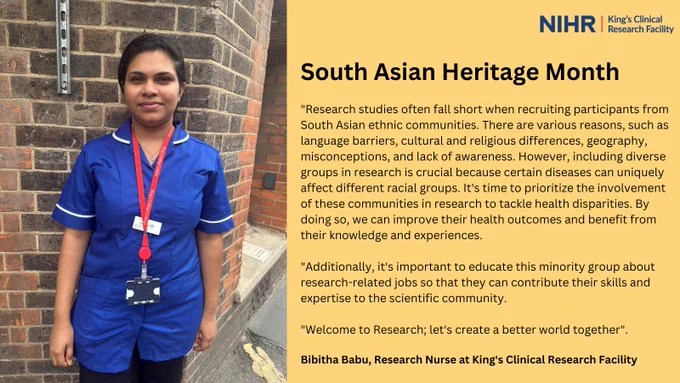 Bibitha Babu, a research nurse at the King's Clinical Research Facility shares her thoughts on the importance of South Asian representation in research