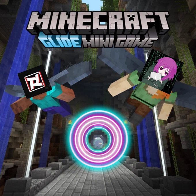 Image of a Minecraft Legacy Console Edition Glide Mini Game teaser image, of me and lily gliding through a map having just glided through 5 rings each progressively in the trans flag colors: blue, pink, white, pink, blue.