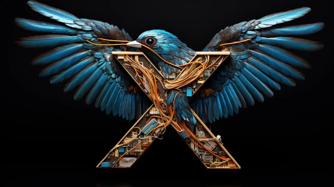 The letter X as a blue bird | black background | circuit board impressed --style raw --ar 16:9
