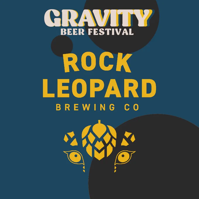 Gravity artwork. The logo of Rock Leopard Brewing is in yellow on a blue and black background. At the top, the logo of Gravity Festival 