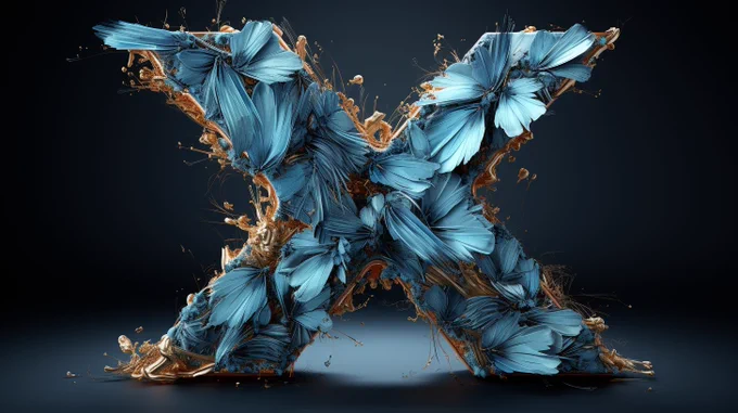 The letter X as a blue bird | black background | feathers --style raw --ar 16:9 