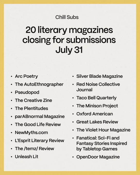 Chill Subs
20 literary magazines closing for submissions
July 31
Arc Poetry
The AutoEthnographer
Pseudopod
The Creative Zine
The Plentitudes
parABnormal Magazine
The Good Life Review
NewMyths.com
L'Esprit Literary Review
The /temz/ Review
Unleash Lit

Silver Blade Magazine
Red Noise Collective Journal
Taco Bell Quarterly
The Minison Project
Oxford American
Great Lakes Review
The Violet Hour Magazine
Fanatical: Sci-Fi and Fantasy Stories Inspired by Tabletop Games
OpenDoor Magazine