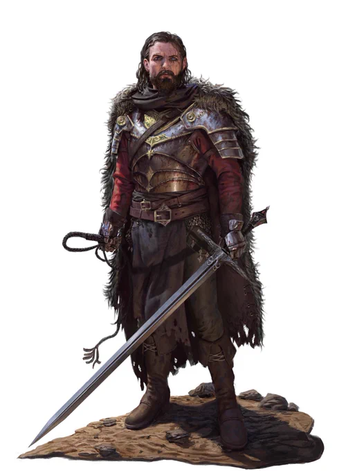 An illustration of Baron Uthrak, a human bandit leader holding a magic sword and a whip