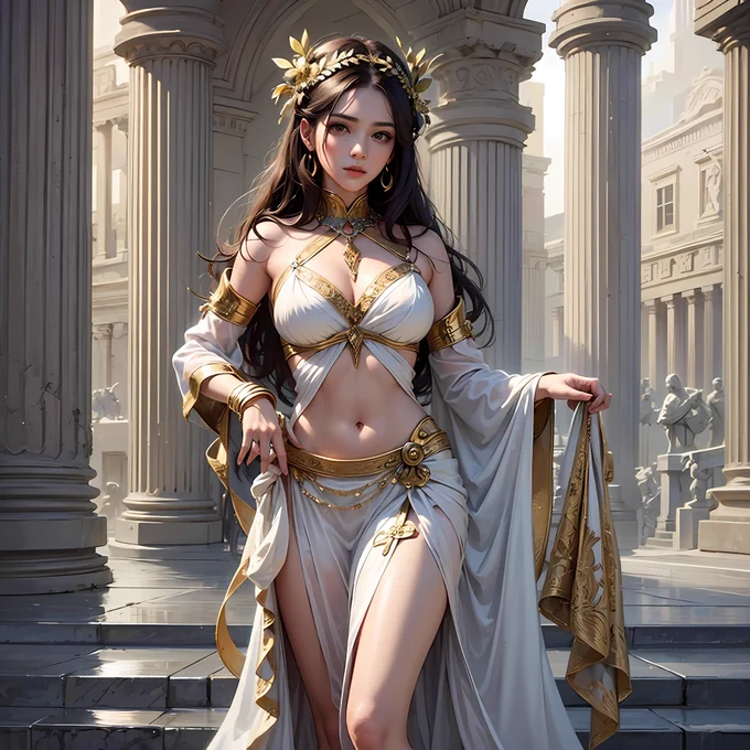 (masterpiece), (best quality), photorealism, realistic, ultra detailed, perfect face, perfect body, 1girl, beautiful girl, Greek queen, royalty, Greek clothes, peoples, stand, sexy, low key