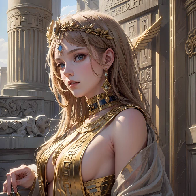 (masterpiece), (best quality), photorealism, realistic, ultra detailed, perfect face, perfect body, 1girl, beautiful girl, Greek queen, royalty, Greek clothes, peoples, stand, sexy, low key