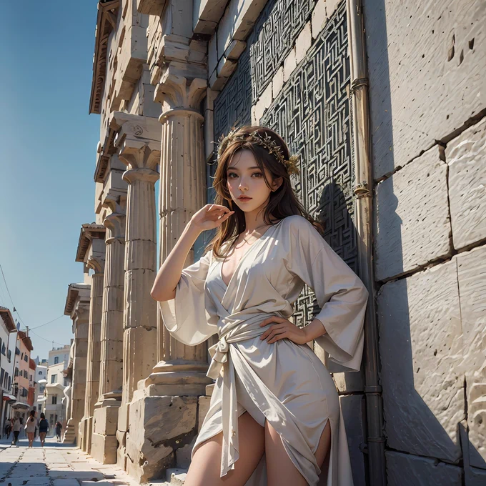 (masterpiece), (best quality), photorealism, realistic, ultra detailed, perfect face, perfect body, 1girl, beautiful girl, Greek queen, royalty, Greek clothes, peoples, stand, sexy, low key