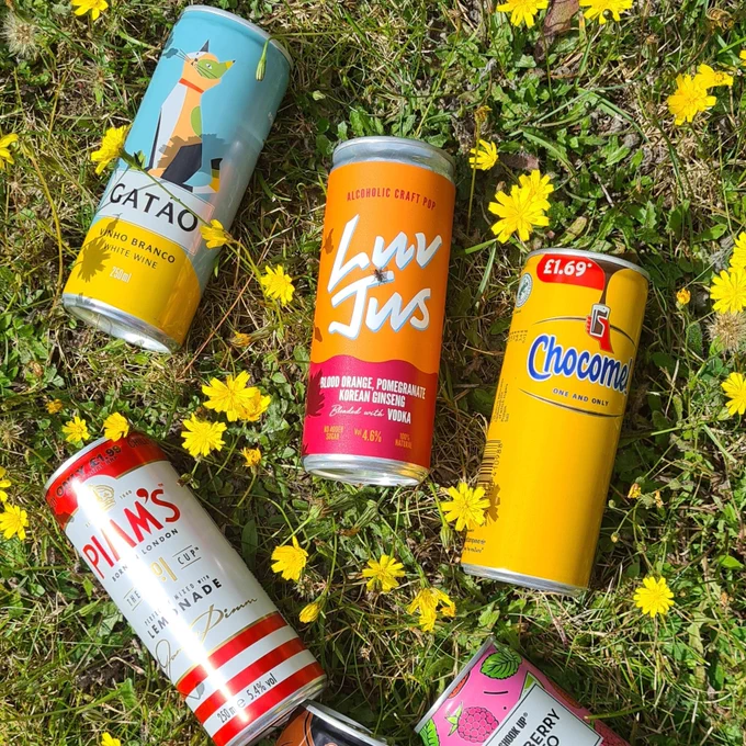 Cans of drink ready for a picnic on a flower strewn lawn