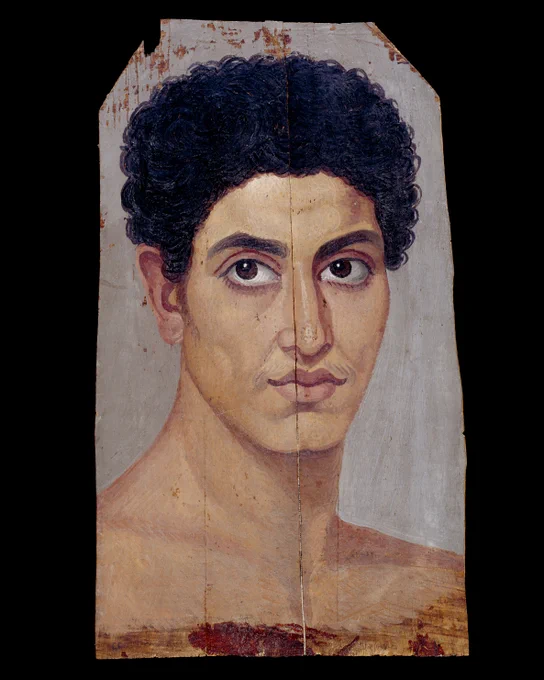A life-like portrait, painted on wood, showing the head and shoulders of a nude young man. He has chiselled features, a strong brow, and full lips, with dark eyes and a head of tightly curled dark hair. 