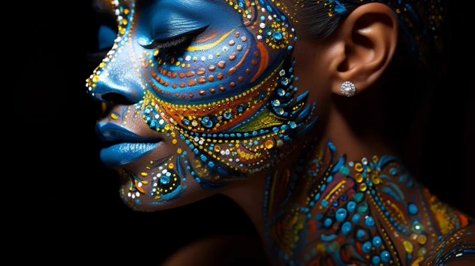 junglejazz, woman face painting, holographic, pointillism --ar 16:9 --s 250
