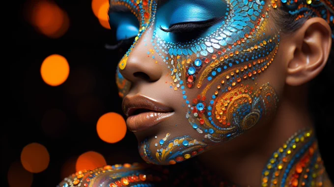 junglejazz, woman face painting, holographic, pointillism --ar 16:9 --s 250