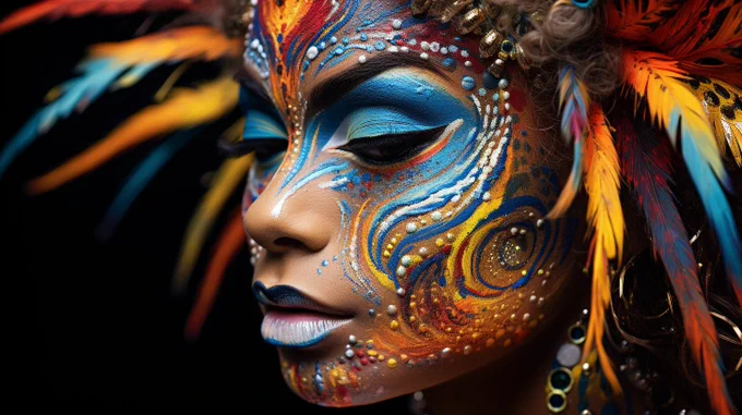 junglejazz, woman face painting, holographic, pointillism --ar 16:9 --s 250
