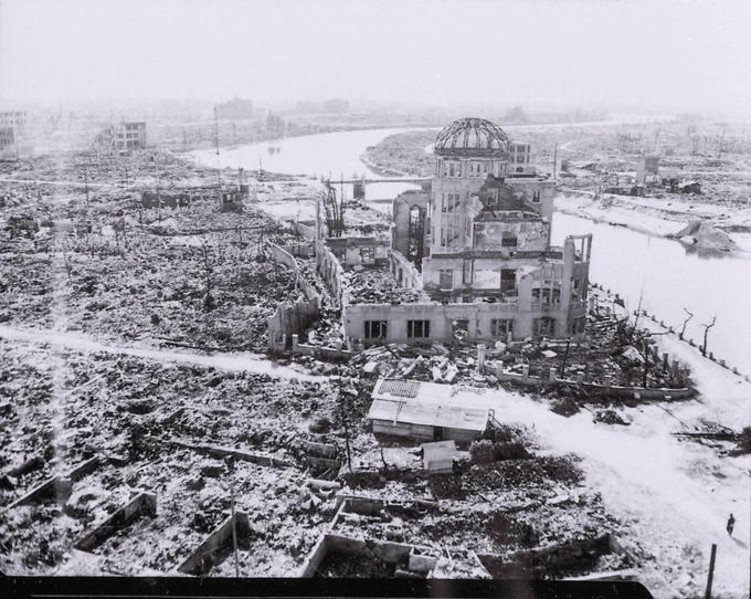 Black and white photograph of Hiroshima in ruins. Photo taken in 1945