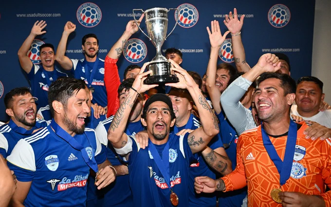 SC MesoAmerica celebrates after winning the 2023 USASA National Amateur Cup championship. Photo: US Soccer