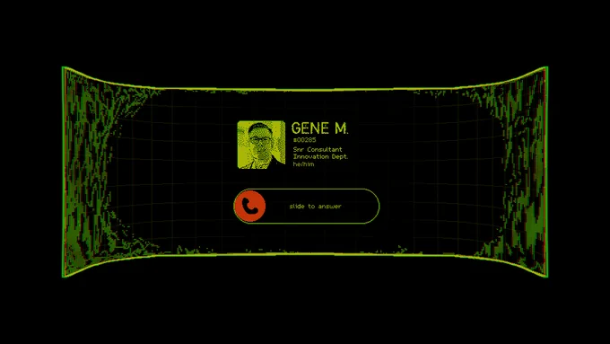 An incoming call from the player's manager, "GENE M.". He's listed as being the Senior Consultant in the Innovation Department.