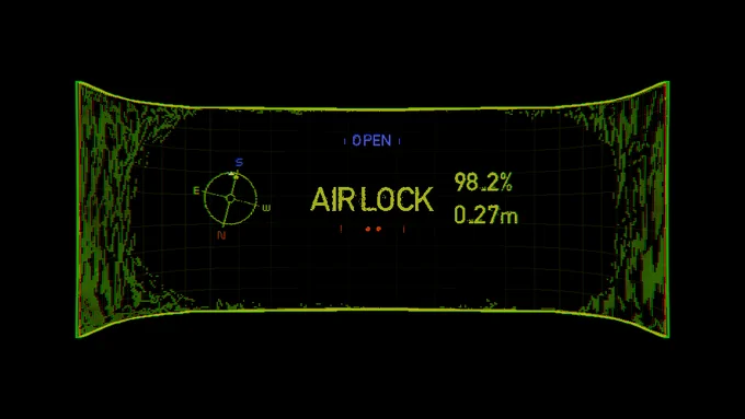 A screenshot from the game: a low-res visor with the word "AIRLOCK" in the center. A compass and proximity data is on either side.
