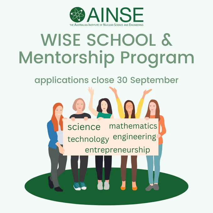 A stylised picture showing five women standing together holding a sign that reads "science, mathematics, technology, engineering, entrepreneurship". Above is the text “AINSE WISE School & Mentorship Program: Applications close 30th September."