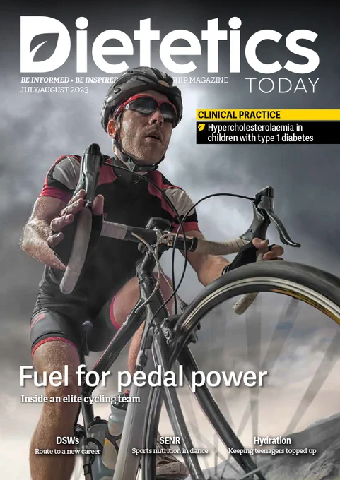 Dietetics Today front cover - the cover image is a man cycling on a road bike beneath a grey sky.
