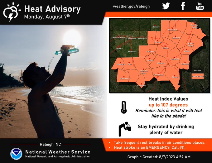 A heat advisory has been expanded to include Orange, Durham, Granville, Vance and Warren counties. Heat index values will reach up to 107 degrees across the advisory area. Take frequent breaks and stay hydrated by drinking water. Heat stroke is an emergency! Call 911!