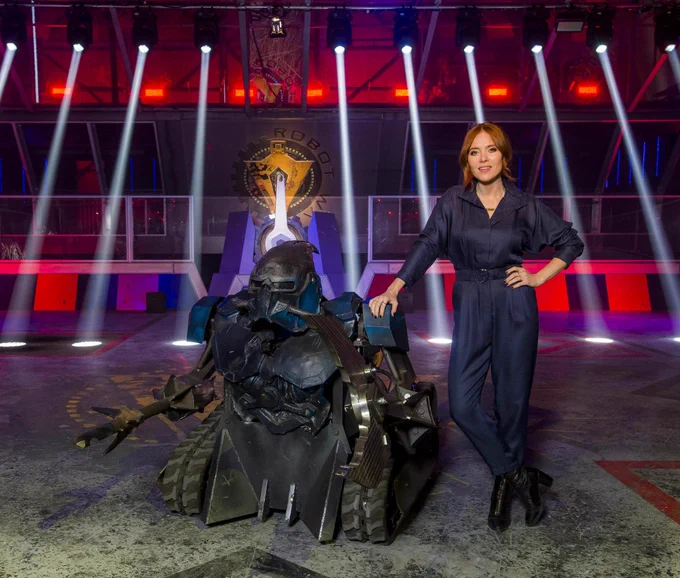 Promotional image of Angela Scanlon and Sir Killalot, Robot Wars (2017)