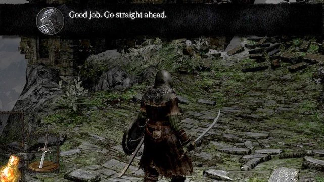 Screenshot of Demon Souls Remastered character wearing armor and carrying a sword and shield. Banner message across the top reads, "Good job. Go straight ahead."
