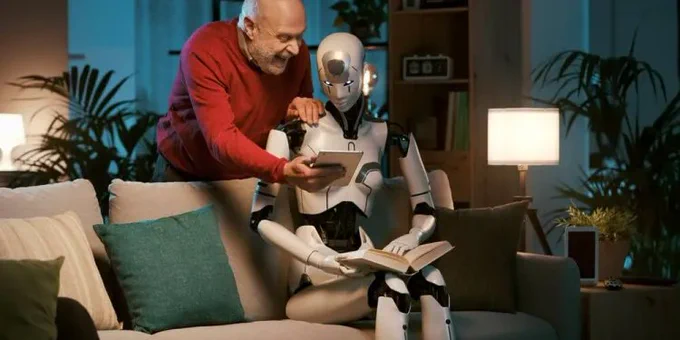 A rendered white robot is sitting reading on the couch. The robot has breasts and a face that can be read as female. An elderly man stands behind the couch the robot is sitting on and shows it something on a tablet. The old man touches the robot and looks joyfully. Both are presented in a matter as if they are close to each other.