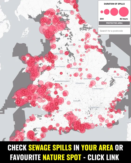 Map of sewage spills in England and Wales. Text - Check sewage spills in your area or favourite nature spot - click link