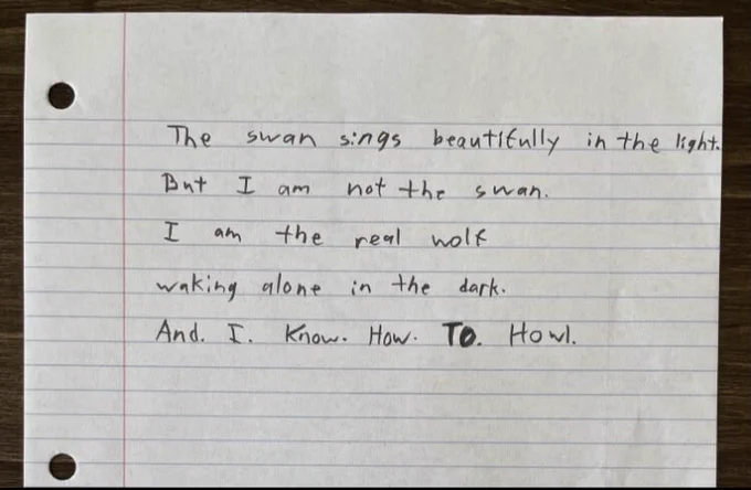 The swan sings beautifully in the light.
But I am not the swan.
I am the real wolf
waking alone in the dark.
And. I. Know. How. To. Howl.