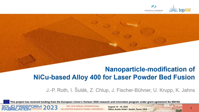 Title slide of the presentation of Jan-Philipp Roth for the Solid Freeform Fabrication Symposium 2023 meeting.