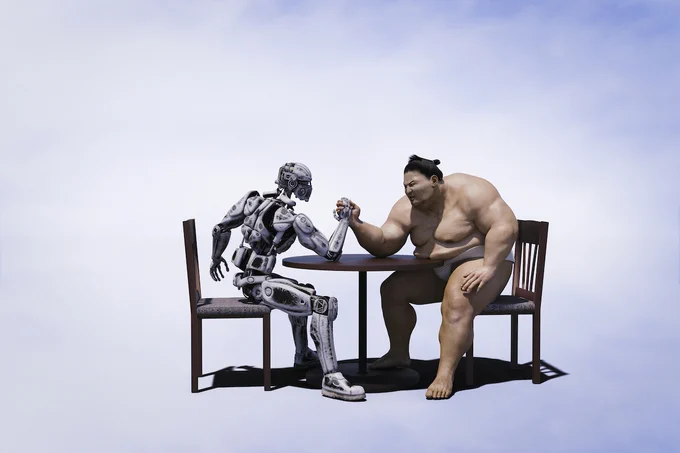 Left is a humanoid robot rendered with white plates, right is a sumo ringer in traditional gear. Both arm wrestle sitting on a round wooden char.