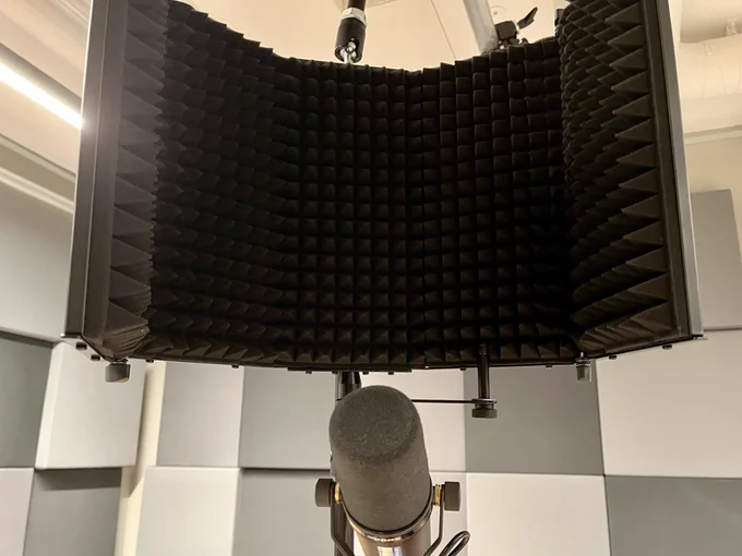 A photo of a microphone in a sound recording studio.