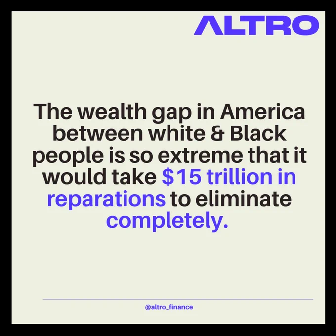 Image description: A statistic written in black font against a white background: 'The wealth gap in America between white & Black people is so extreme that it would take $15 trillion in reparations to eliminate completely.' Purple font emphasizing $15 trillion in reparations.
