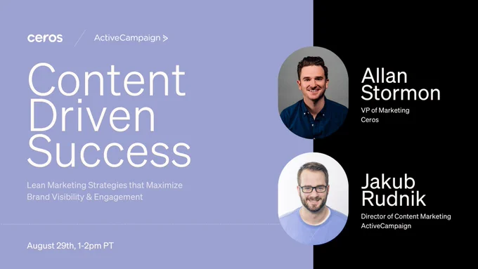 Graphic image: Content Driven success with two speaker images - Ceros and Active Campaign
