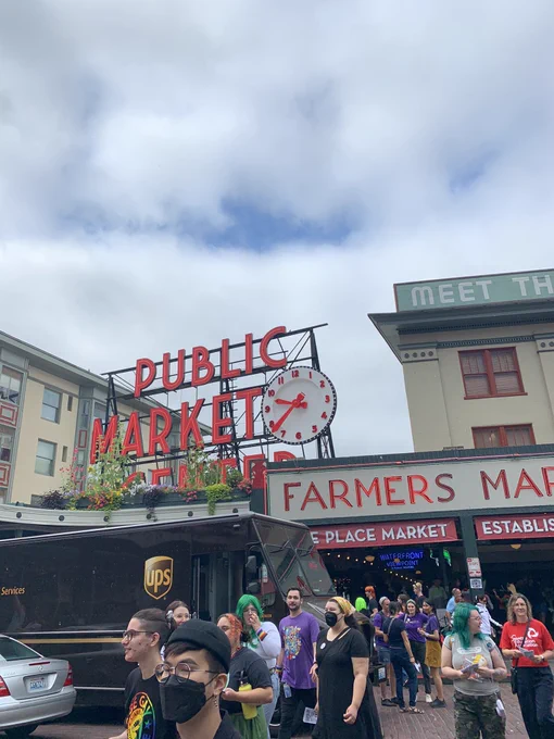 Supporters marching through pike place market