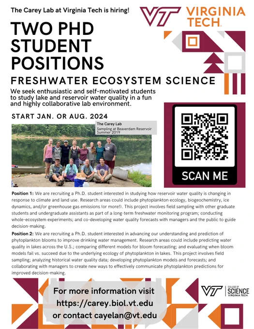 Recruitment ad for two PhD positions in the Carey Lab at Virginia Tech: we seek enthusiastic students excited to study lake and reservoir water quality in a fun and highly collaborative lab environment. Learn more about how to apply at our website: https://carey.biol.vt.edu/?page_id=90