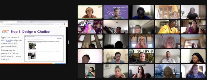 This photo is a screenshot from a virtual meeting. There are 24 tiled photos on one side. On the other side, there is an image showing instructions for designing a chatbot.