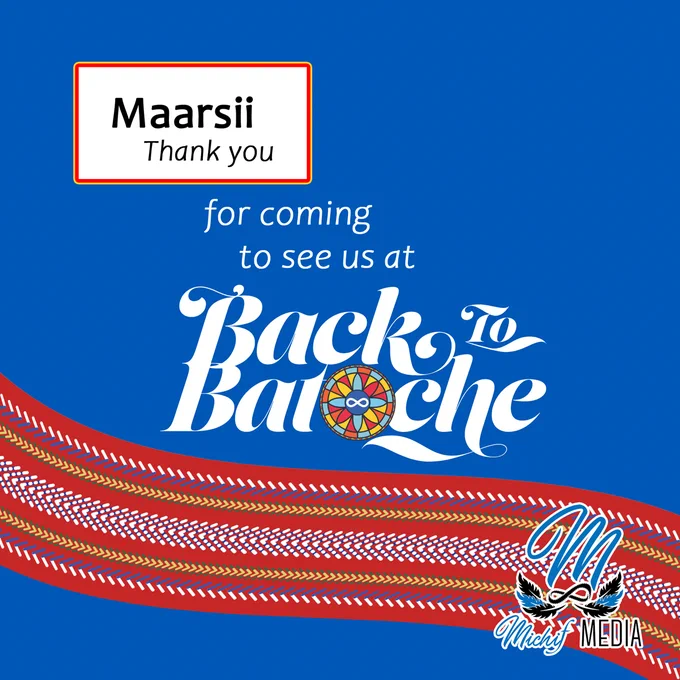 Text on a blue background starts with a white box in the upper left that contains "Maarsii" in the Métis language of Michif, with the English translation "Thank you" beneath it. The message reads "Maarsii (thank you) for coming to see us at Back To Batoche". The Métis sash of woven white, blue, green and yellow patterns on a red sash waves along the bottom underneath the text. The blue, black and white logo for Michif Media is in the lower right corner.