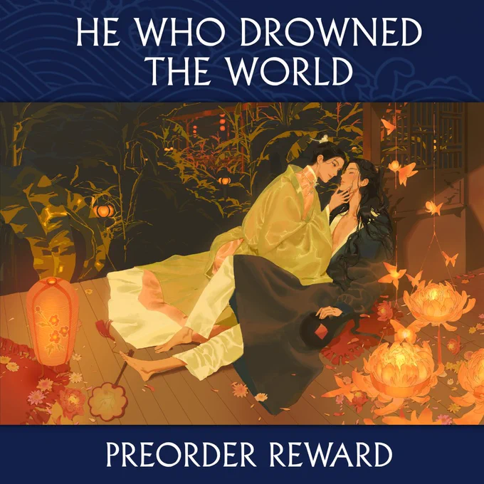 Art by @glassbearer. Two very feminine men in flowing gowns are on a garden patio among romantic peony-shaped lanterns. One of the men (Ouyang) is drunk and barely able to keep himself sitting upright, while the other (Wang Baoxiang) kneels beside him and caresses his face with an amused, slightly malicious expression. This is a scene from the exclusive preorder reward short story, "Take His Memory to Your Grave"